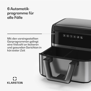 Klarstein Hot Air Fryer, Air Fryer with 2 Chambers, 2850W Compact Hot Air Fryer, 9L Air Fryer with Touch Control Panel, Timer, Preheating, 6 Modes, Large Hot Air Fryer, Air Fryer XL Black Duo Elegance