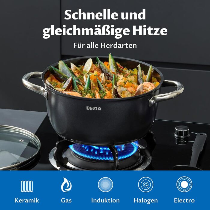 Набір посуду BEZIA індукційний 15 предметів: каструлі та сковороди з керамічним покриттям, кришки в комплекті, антипригарні, для всіх типів плит, без PFAS, легке очищення