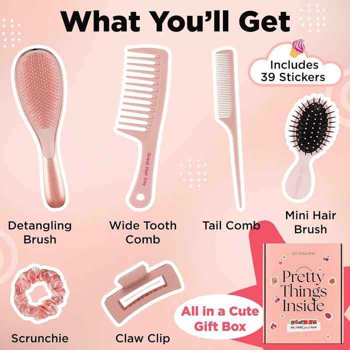 Набір для догляду за волоссям Lily England Luxus для підлітків - 6 предметів (щітка для розчісування, аксесуари для волосся преміум-якість, наклейки) - подарунок для дівчаток у трендовому рожевому дизайні