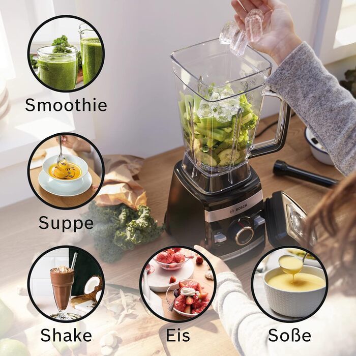 Bosch Stand Mixer VitaBoost MMBH6P6BDE, 6-Blade Stainless Steel Blades, 2.5L Tritan Mixing Container, Pusher, 6 Automatic Programs, Recipe Book, BPA-Free, Easy Cleaning, 45,000 RPM, 1600 W, Black