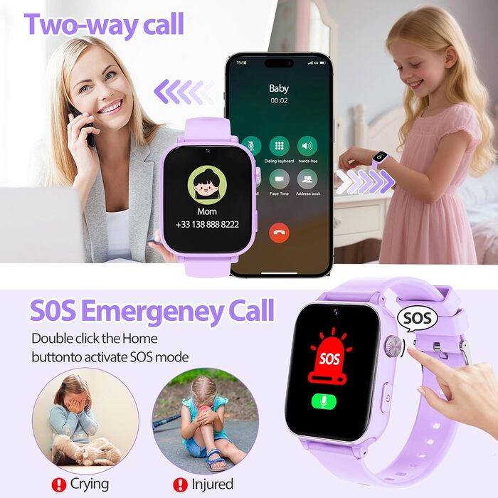 Дитячий розумний годинник Smartwatch з GPS, 4G, відеодзвінками, SMS, WiFi, SOS, крокомером, іграми, для дітей від 4 років, фіолетовий