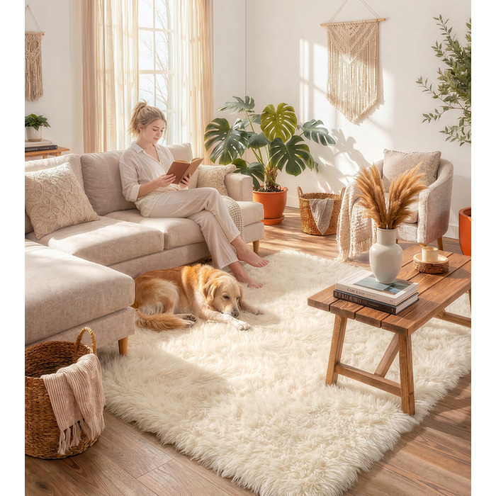 Килим круглий 100 см, миючий, антиковзний, з високим ворсом, для дитячої кімнати, м'який, пухнастий, кремовий колір