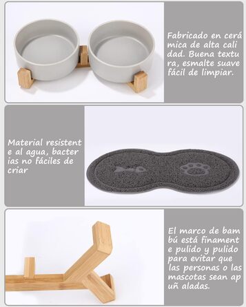 Миска для корму для собак і котів з кераміки з бамбуковим підставкою та антиковзним килимком (400 мл, 2 шт., зелений/сірий)
