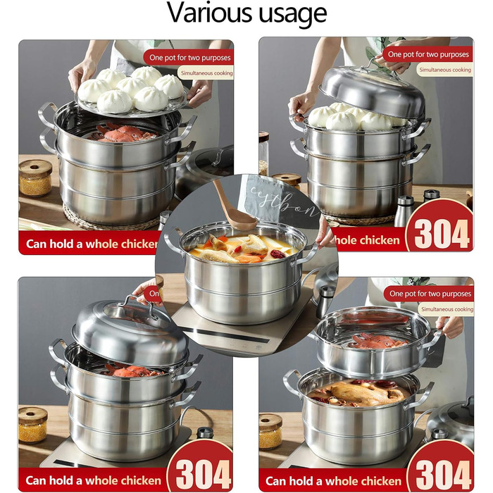 Пароварка SABUIDDS 32 см з 5 ярусами, з нержавіючої сталі, з кришкою з термостійкого скла, для всіх типів плит (індукція), для приготування кускусу та інших страв