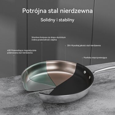 Набір сковорідок COOKNANO 3 шт. з нержавіючої сталі з антипригарним покриттям, 20/24/28 см, ергономічна ручка, для всіх типів плит і духовок