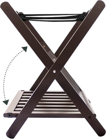 Fully assembled bamboo luggage rack with 5 straps, 2-tier foldable suitcase stand, wide wooden luggage holder, foldable luggage shelves, ideal for guest rooms, bedrooms, hotels, (1 pack of brown bamboo)
