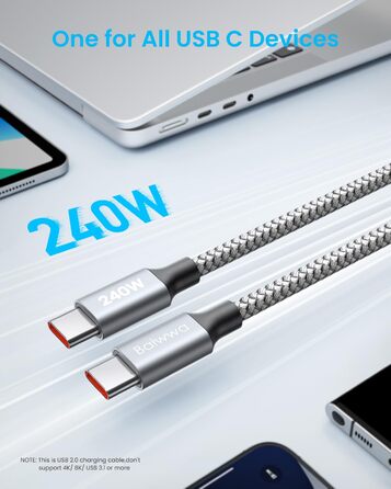 Кабель USB-C на USB-C 240W, 5A, 1.5м, білий: для iPhone, Samsung Galaxy