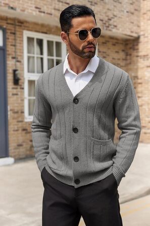 Чоловічий в'язаний кардиган COOFANDY з візерунком коси, V-подібний виріз, ґудзикова застібка, ребристий, з кишенями, сірий (S)