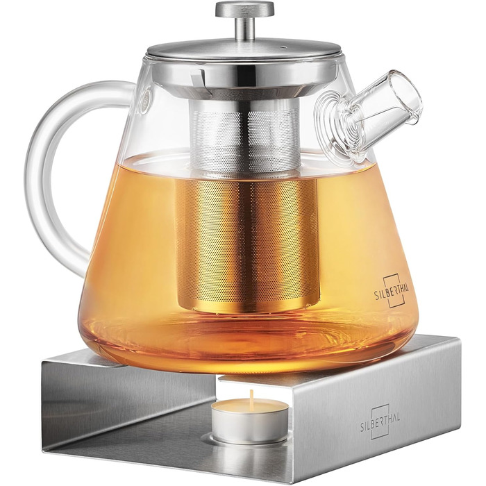 Teapot Glass 1.5 Liter - with infuser insert & lid - Infuser for hot drinks & cold brew tea - Ideal for hotplates (Teapot Glass 1.5l + Hotplate)