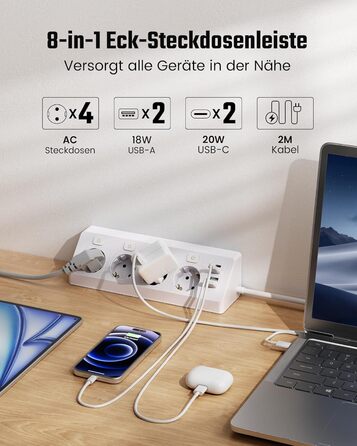 Розетка кутова з 2 USB та 2 Type-C, 16A/3840W, настінна, з кабелем 2м, для офісу, кухні та вітальні, біла