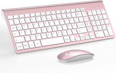 Комплект клавіатури та миші TopMate 2.4G Ultra Slim: тиха клавіатура з перемикачами Schissschalter та миша 2400DPI USB, з чохлом та батарейками AA/AAA, для ПК/ноутбука/Windows/Mac (Рожеве золото, Білий)