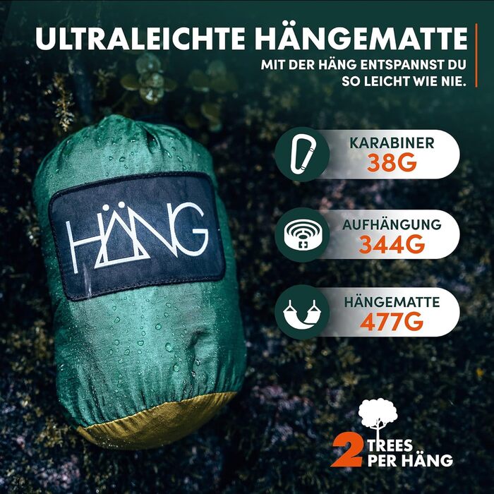 Гамак HÄNG XXL 300x170 см для 2 осіб - вуличний, вологостійкий, ультралегкий (850г), навантаження до 200 кг. З парашутної тканини для кемпінгу, подорожей та саду + комплект кріплень Forest & Green