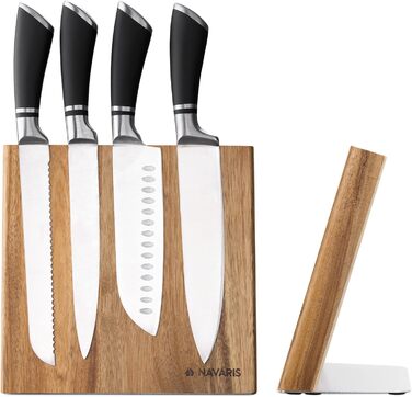 Navaris Magnetic Knife Holder from Acacia Wood 23x22.5x12cm - Magnetic Knife Block Knife Board Wood Magnet Holder - Knife Holder Unfilled Brown