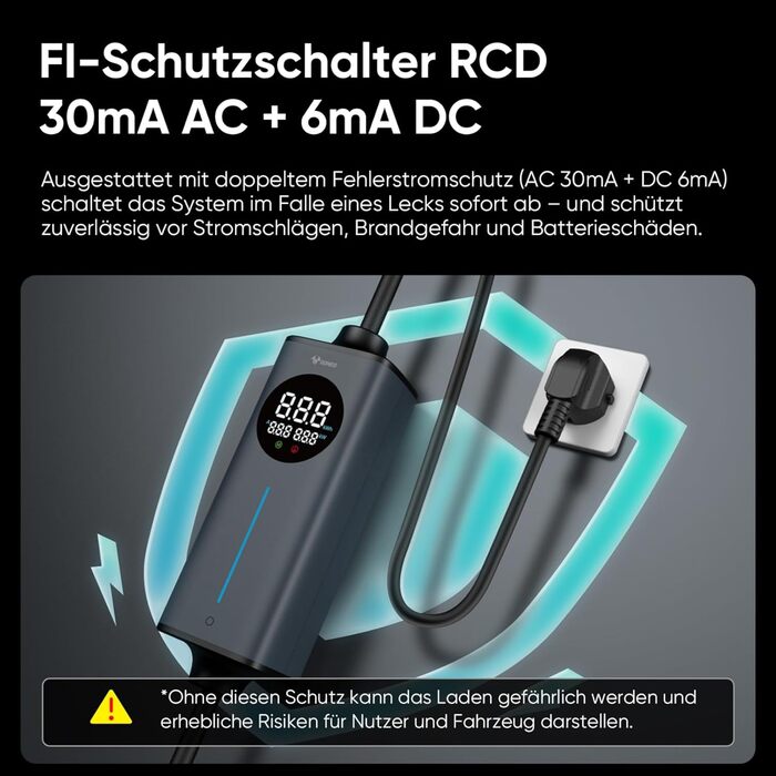 Кабель для електромобіля GONEO Typ 2 Schuko, 10м, 16A, 3.68 кВт - Портативна зарядка з захистом FI, автоматичним заземленням та контролем температури, таймер для електромобіля, сертифікат TÜV