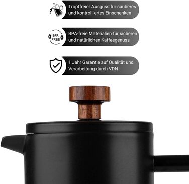 Френч-прес VDN з нержавіючої сталі - 700 мл, 5-6 чашок. Термофренч-прес з подвійними стінками, 3-х рівнева фільтрація, чорний колір