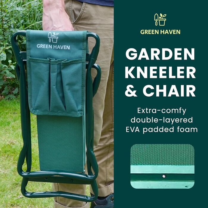 Green Haven Robuster Garden Knee Pad with Handles and Tool Pouch, Versatile, Foldable, EVA Foam, Padded Knee Stool, Lightweight Knee Pad for Gardening, Portable