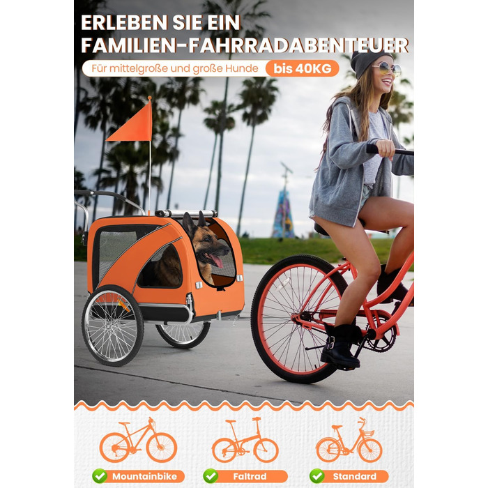 SEPNINE® Велосипедна причепа для собак XL, 2-в-1: причеп та візок для собак з відбивачами та гальмом, матеріал: 600D Oxford Canvas, максимальне навантаження 40 кг, помаранчевий колір