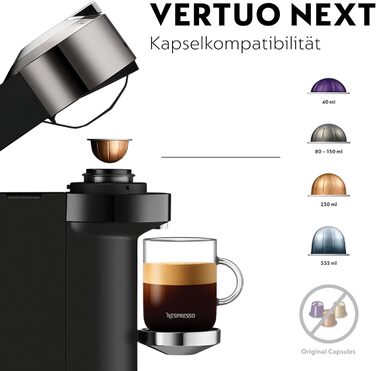 Кавомашина Nespresso Vertuo Next Krups XN910C: 6 розмірів чашок, автоматичне розпізнавання капсул, об'єм резервуару 1.1 л, 54% з переробленого пластику, темне хромоване покриття