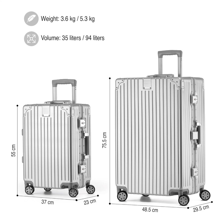 KOFA Zurich: Набір валіз 2 шт. (M-55см, XL-75см), алюмінієвий каркас, полікарбонатний корпус, ручна/здійснювана, спіннер з 4 колесами, TSA-замок, 35л + 94л (срібний)