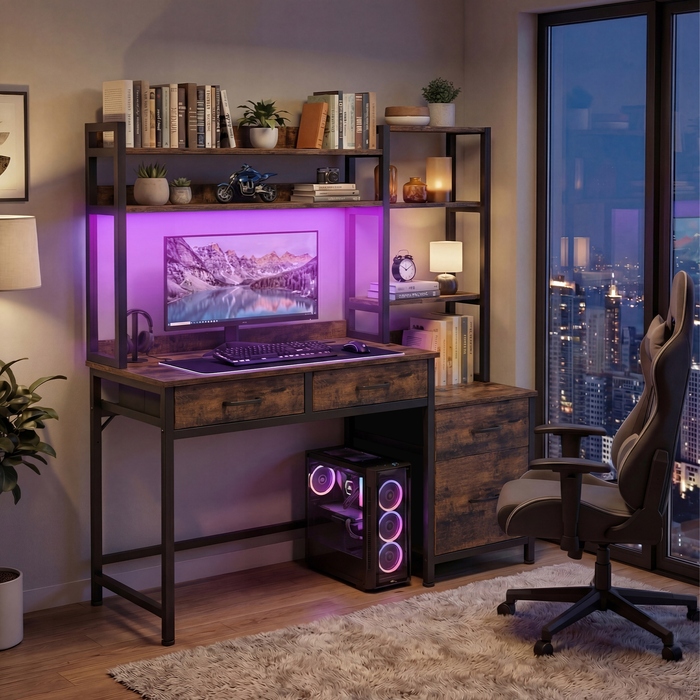 Ігровий кутовий стіл з шухлядами та полицями для домашнього офісу, коричневий