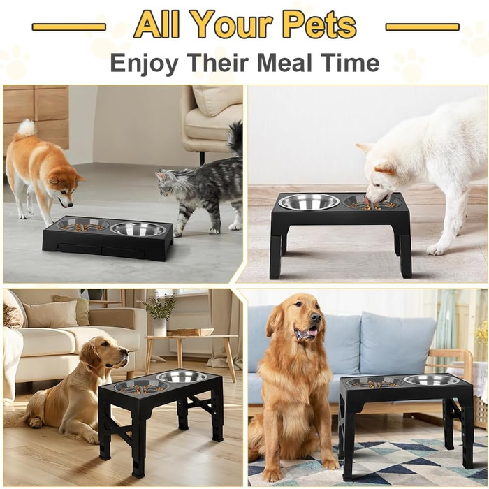 Підвищений годівниця для собак з регулюванням висоти, 5 рівнів, 2 миски з нержавіючої сталі та 1 миска з захистом від протікання. Підвищена станція для годування собак. Підходить для собак маленьких, середніх та великих порід.