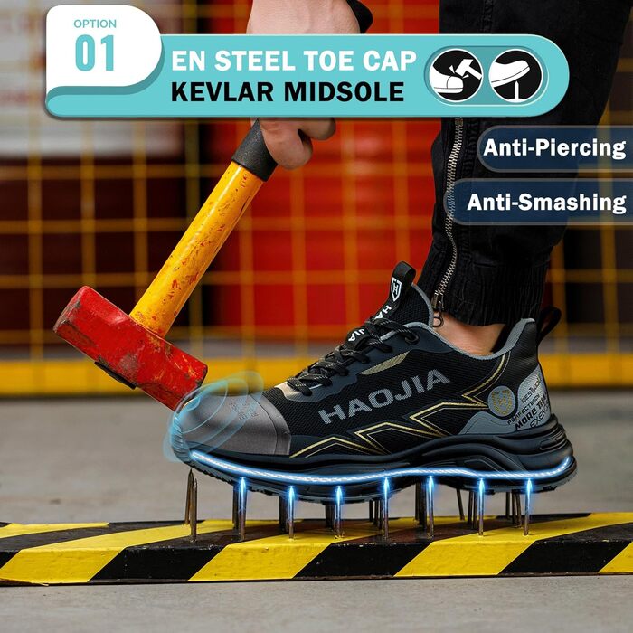 Черевики безпеки для чоловіків та жінок, робочі черевики, легкі, зручні, з металевим носком, дихаючі, антиковзаючі, для будівництва, майстерні, складу, саду, 43 EU, чорні