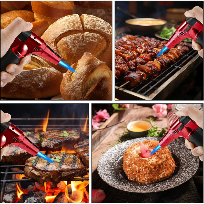 Фламбер (кухонний пальник) Royouzi з блокуванням безпеки, регульований, наповнюваний. Підходить для крем-брюле, грилю, приготування їжі, кемпінгу (червоний)