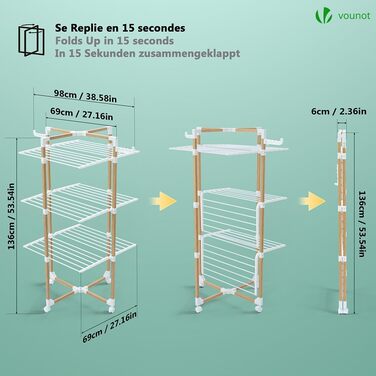 Сушарка для білизни VOUNOT Tower 3 рівні, складана, біла, з колесами - 25м, імітація дерева