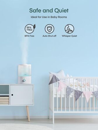 Ультразвуковий зволожувач повітря FOHERE 3.2L для спальні та дитячої кімнати, з верхнім заливом, холодною парою, функцією дифузора ефірних олій, 7-кольоровою підсвіткою, тихий, BPA-free, білий