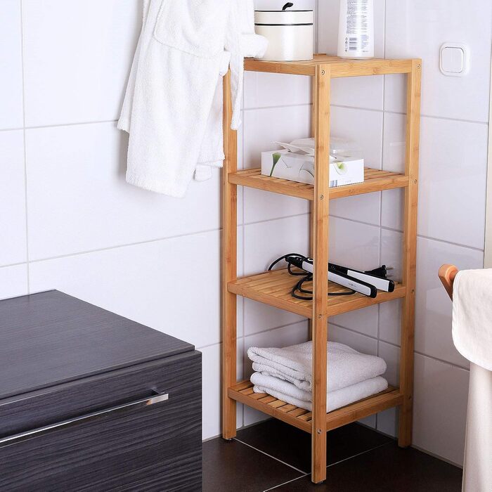 dibea Bathroom Shelf with 4 Shelves, Living Room Shelf, Standing Shelf, Bamboo Shelf, Bathroom Shelf, Bookshelf, Corner Shelf, Kitchen Shelf, 33x33x98 cm, natural color