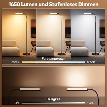 LED-лампа Handsonic на ніжці, 18W, 1650LM, чорна, з регулюванням яскравості, 360° гнучкий шийка, диммер, пульт дистанційного керування, ретро-дизайн, для вітальні та читання