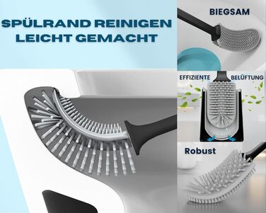 Силіконова щітка для унітазу R&B German Label – плоска, з кріпленням на стіну без свердління, з довгим руків'ям та швидковисихаючим контейнером – для миття унітазу та бордюру – білий/чорний (чорний/сірий)