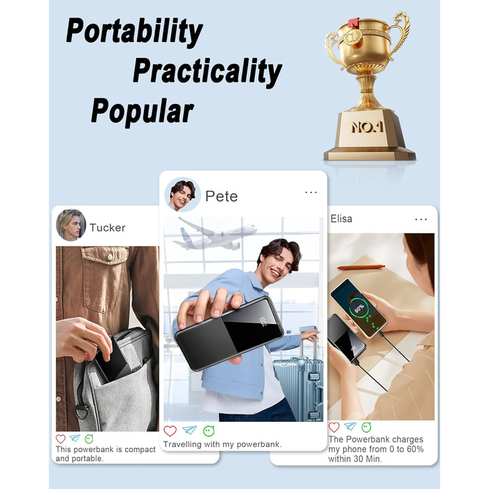 Power Bank 10000mAh 22.5W з PD USB-C: Швидка зарядка для iPhone, Samsung та Huawei (Чорний)