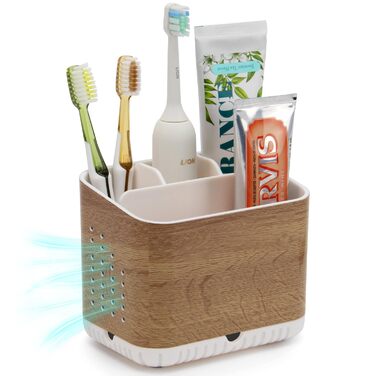 Тримач для зубних щіток електричних з отворами для стоку, дерев'яниста текстура, органайзер для зубних щіток на 4 слоти, легкий у чищенні, для ванної кімнати, коричневий малюнок деревини, середній