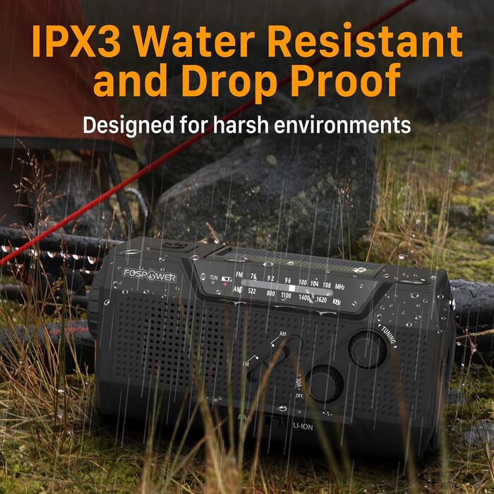 Радіо на сонячній енергії FosPower з живленням від акумулятора 10000mAh - радіо NOAA/AM/FM, USB/Solar/Ручний заряд, SOS-сигнал, ліхтарик для надзвичайних ситуацій (7400mWh, чорний)
