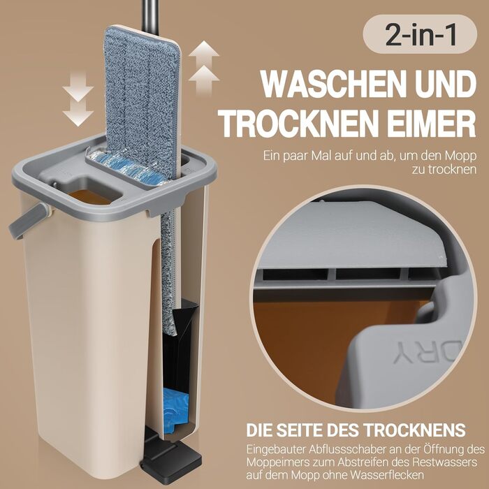 Набір для миття підлоги MASTERTOP з відром, моп з нержавіючою ручкою та 3 насадками, набір 2 в 1 з відром для вичавлювання, плоский моп для твердої підлоги, ламінату, плитки (Бежевий)