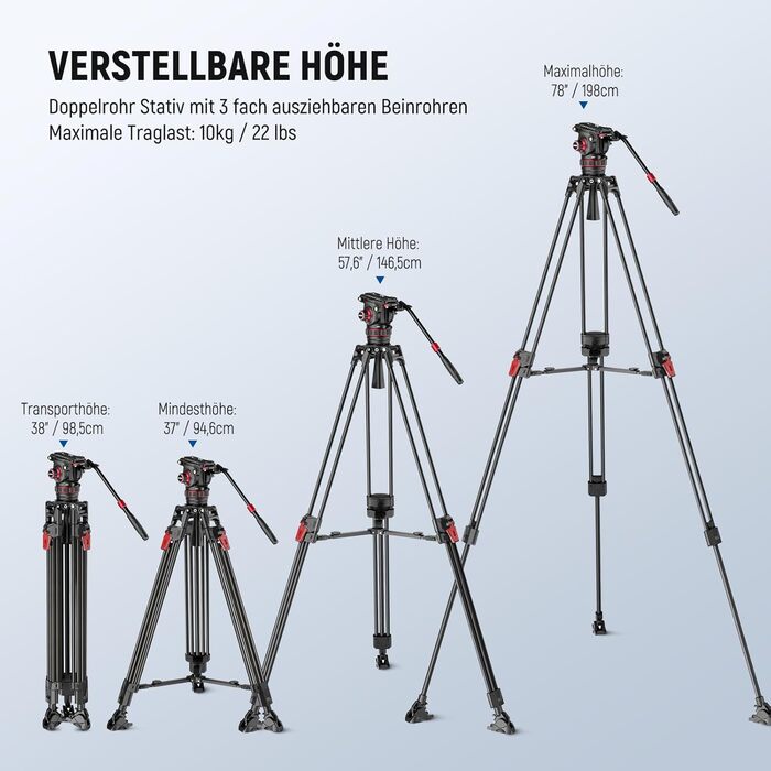 NEEWER Штатив відео професійний 74' з Fluid-головкою, сумісний з DJI RS, для DSLR, максимальне навантаження 8кг (LL37)
