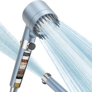Digiroot Shower Head with Filter, 15 Filtration, Shower Head with 1.5M Hose, High-Pressure Hand Shower Rain Shower with 7 Spray Patterns, Water-Saving Shower Head for Removing Hard Water, Residual Chlorine, Heavy Metals (Blue)