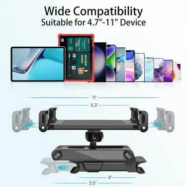 Утримувач для планшета в авто: універсальний кріплення на підголівник з 360° обертанням для Samsung Tab, iPad, Switch (4.7-11 дюймів)