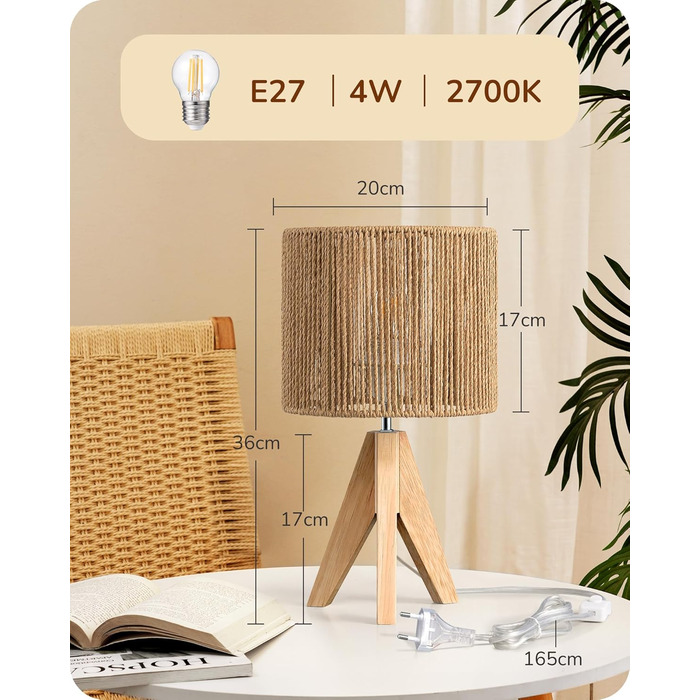 LED настільна лампа EDISHINE з абажуром з ручної роботи та дерев'яною ніжкою, 2700K, тепле біле світло, бохо стиль, для спальні, вітальні, готелю, з лампочкою E27 4W, в'язаний паперовий шнур