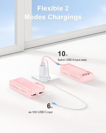 Повербанк 27000mAh з 4 вбудованими кабелями, 30W Power Bank USB-C швидка зарядка з LED-дисплеєм для iPhone, Samsung, iPad та Android, рожевий