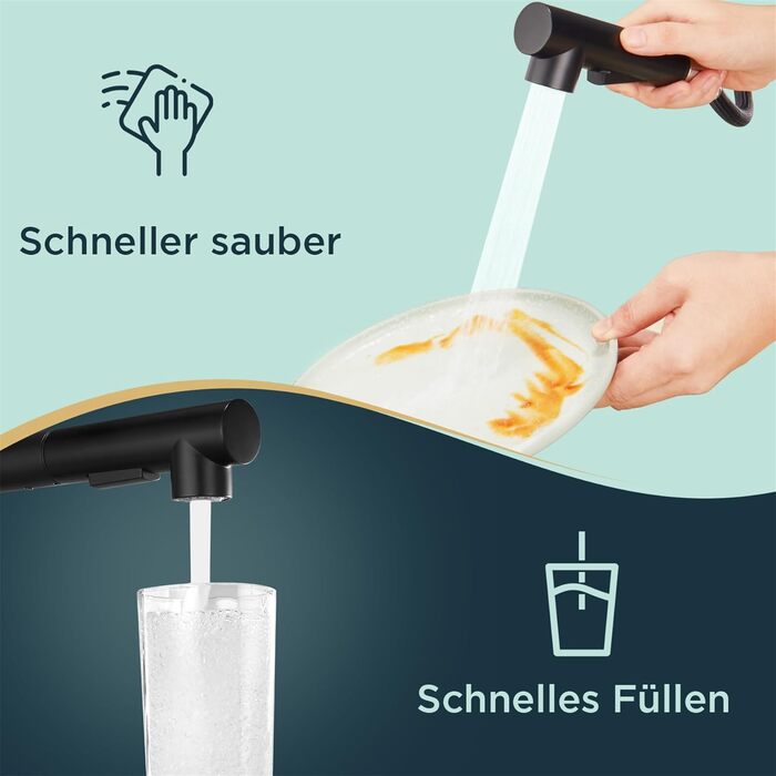 Кран FORIOUS для кухні з висувною лійкою, душовою насадкою, поворотний на 360°, 2 режими розпилення, матовий чорний