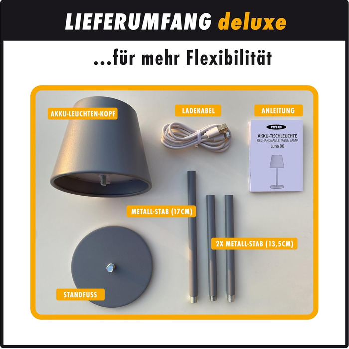 Набір LED-лампа на акумуляторі LUNA-80-W (3 шт.), диммування, бездротове живлення, сенсорне керування, 7 кольорів, регулювання висоти, 5200mAh, до 72 год роботи