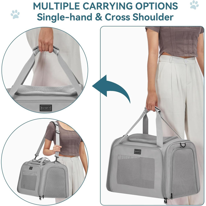 Транспортна переноска для котів та маленьких собак Petfit, сіра, L - легка переноска для подорожей літаком з ремінним кріпленням та розширюваним килимком