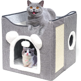 Складане будиночок для котів, великий, з когтеточкою та плюшевою кулькою (сірий)