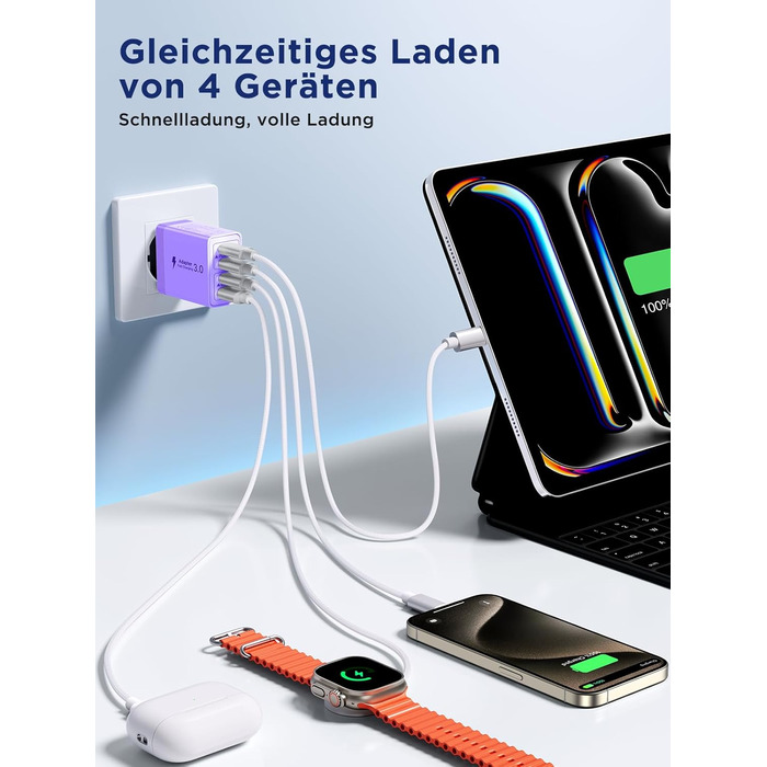Двопакет USB-C зарядний пристрій Aioneus 4 порти з USB-C та USB-A, 40W швидка зарядка PD 3.0, блок живлення для iPhone 16 15 14 Pro Max 13 12 11 SE 2020 XS, Samsung, телефонів, фіолетовий