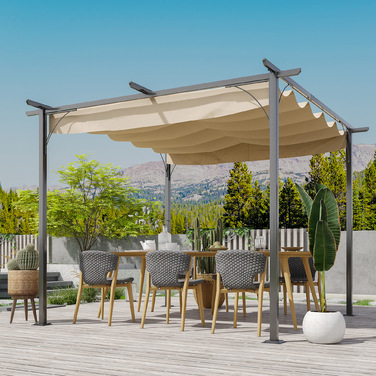 Outsunny Pergola Gazebo 3 x 3 m Waterproof with Sliding Roof and UV Protection for Garden and Patio, Aluminum Beige