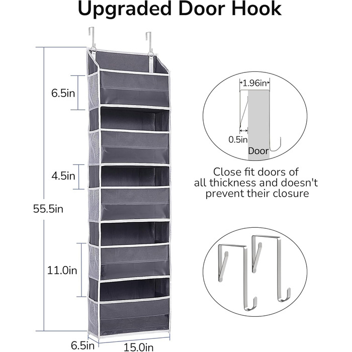 Органайзер для дверей ULG з 5 великими кишенями та 10 сітчастими кишенями, 20 кг, для спальні, ванної, кухні (темно-сірий)