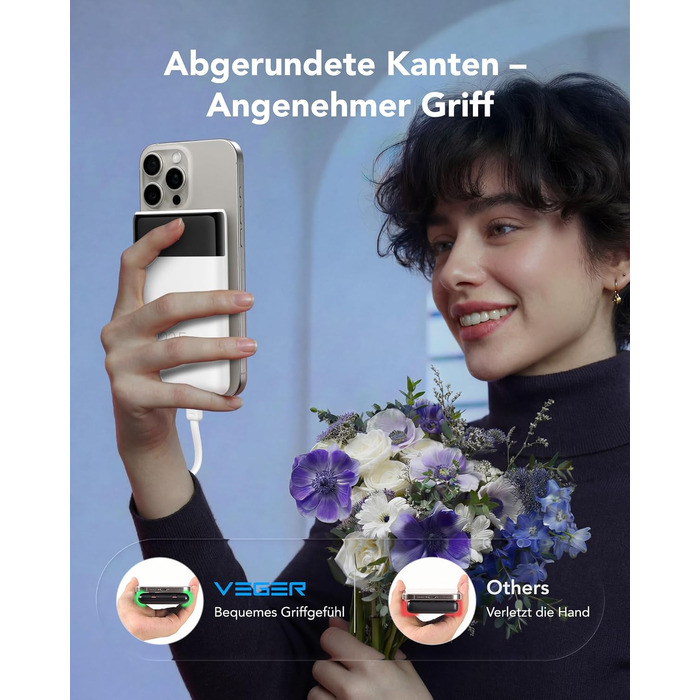 Повербанк VEGER 10000mAh 22.5W з вбудованим кабелем USB-C, швидка зарядка, білий