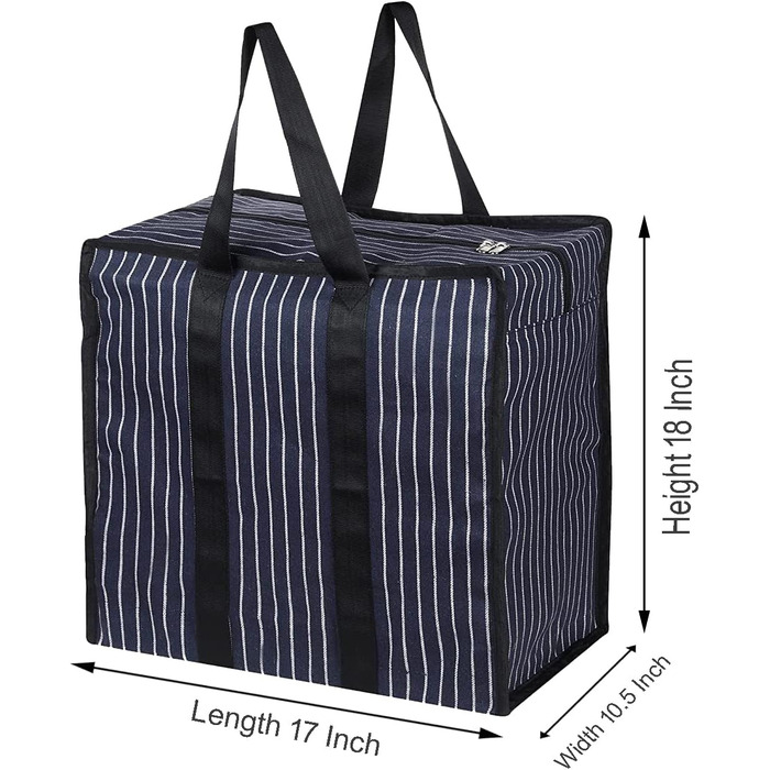 Double R Bags Multi-Purpose Canvas Shopping Bag, Extra Large, Durable, Reusable, with Strong Handles and Zippered Bottom (2 Pack, Navy Blue)